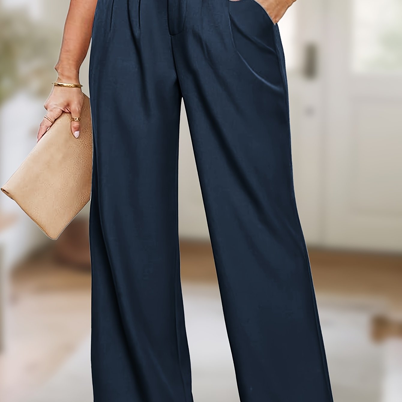 Plus Size Women's Long Pants Leather Straight Leg with Elastic Waist
