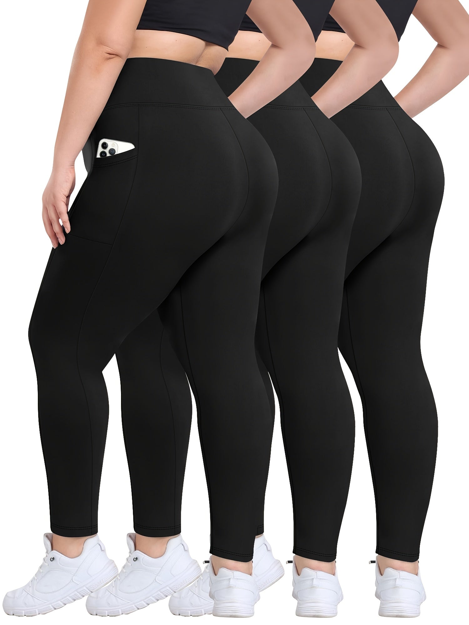 Women's Black High-Waisted Plus Size Yoga Leggings 3 Pack with Pockets