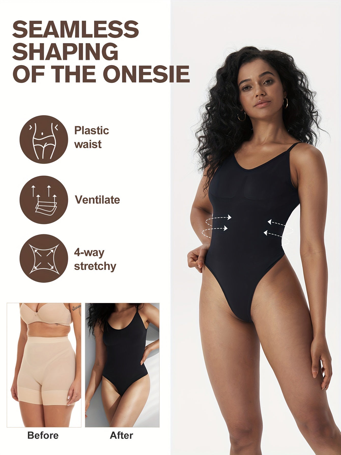 Women's Body Shaping Bodysuit Tummy Control Thong Seamless Solid Color Shapewear