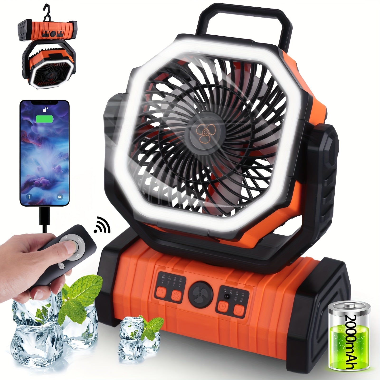 Portable Camping Fan with LED Light and 20000mAh Battery, 4-Speed, Rechargeable USB, Hexagonal Design, Orange and Black