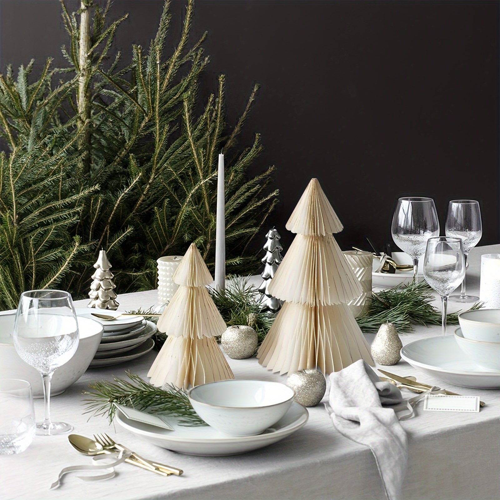 Set of 2 Honeycomb Paper Christmas Tree Decorations Neutral White and Gold for Indoor Holiday Decor