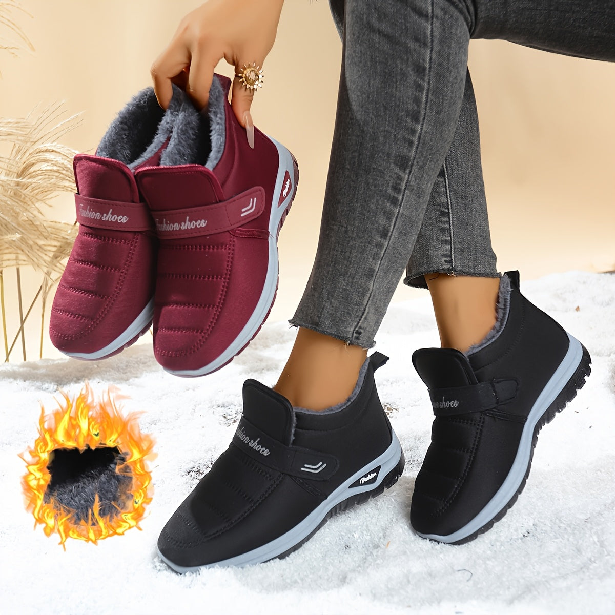 Women's Winter Ankle Boots Slip-On Non-Slip PVC Warm Lightweight Burgundy Black