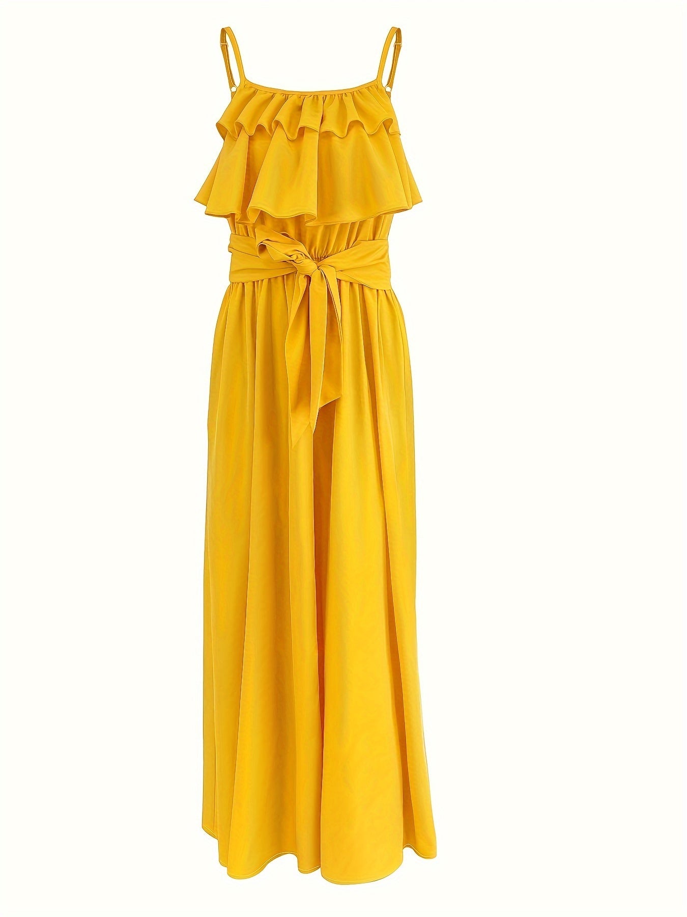 Women's Sleeveless Maxi Dress with Ruffle Trim and Tie Waist Polyester Elegant Spring Summer