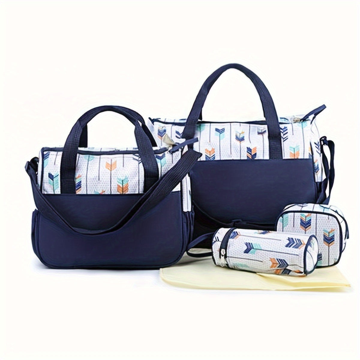 5-Piece Geometric Print Diaper Bag Set with Shoulder Strap for Parents