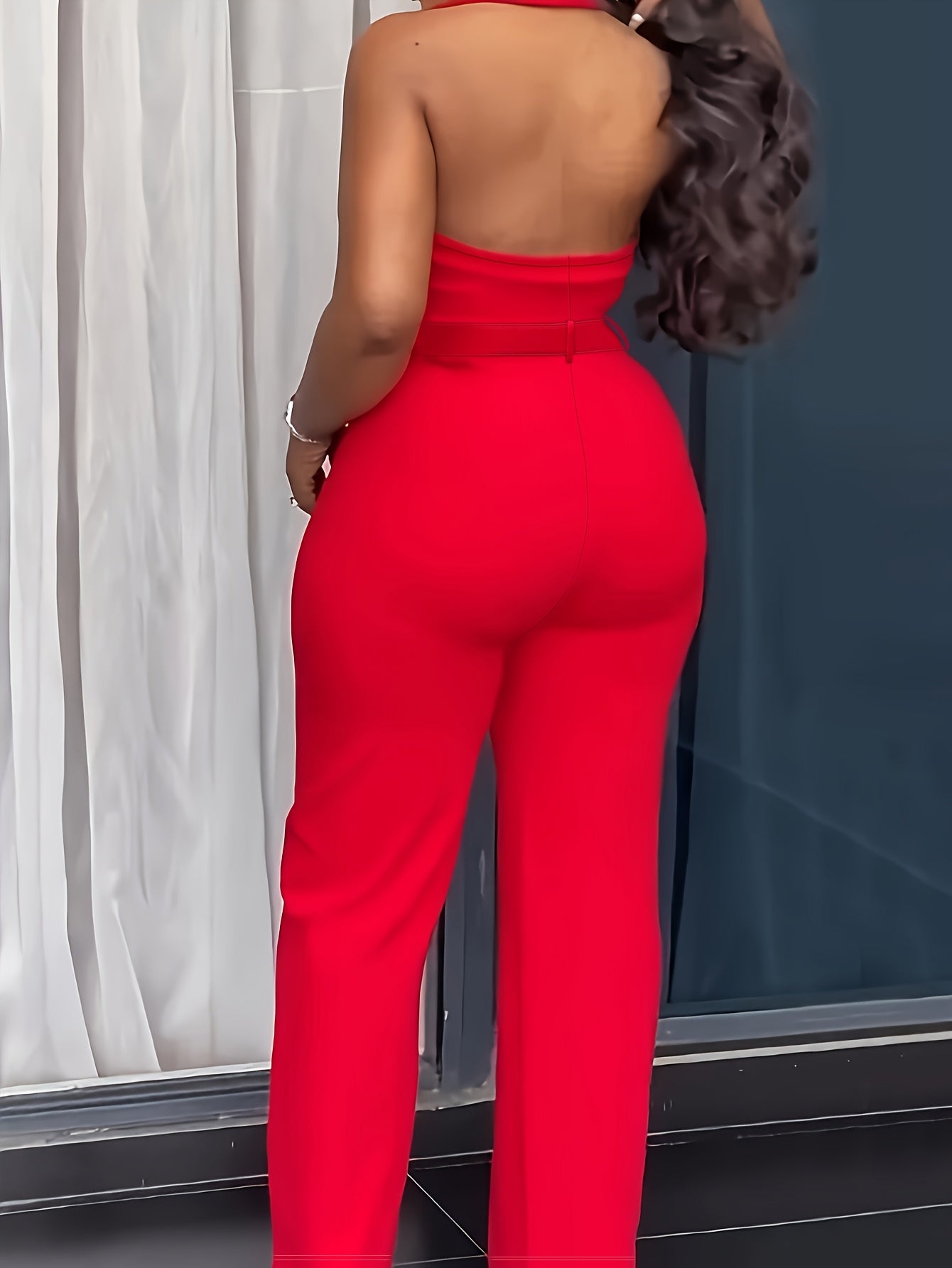 Women's Red Sleeveless Jumpsuit with Button Details High-Waisted Wide-Leg