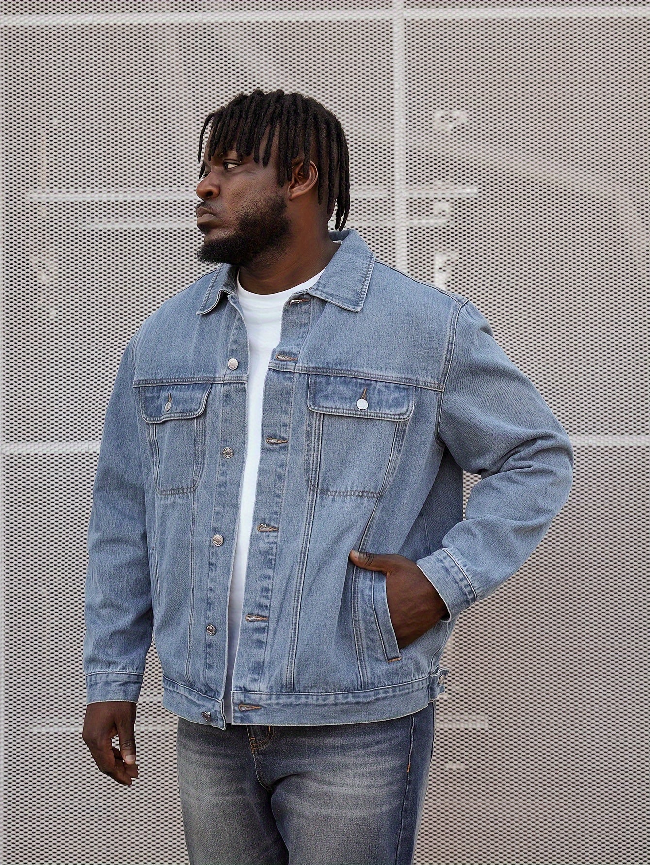 Plus Size Men's Washed Denim Jacket Regular Fit Cotton Solid Color