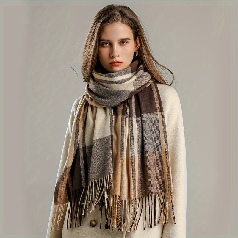 Plaid Wool Scarf with Tassel Detail for Autumn Winter Warmth and Style