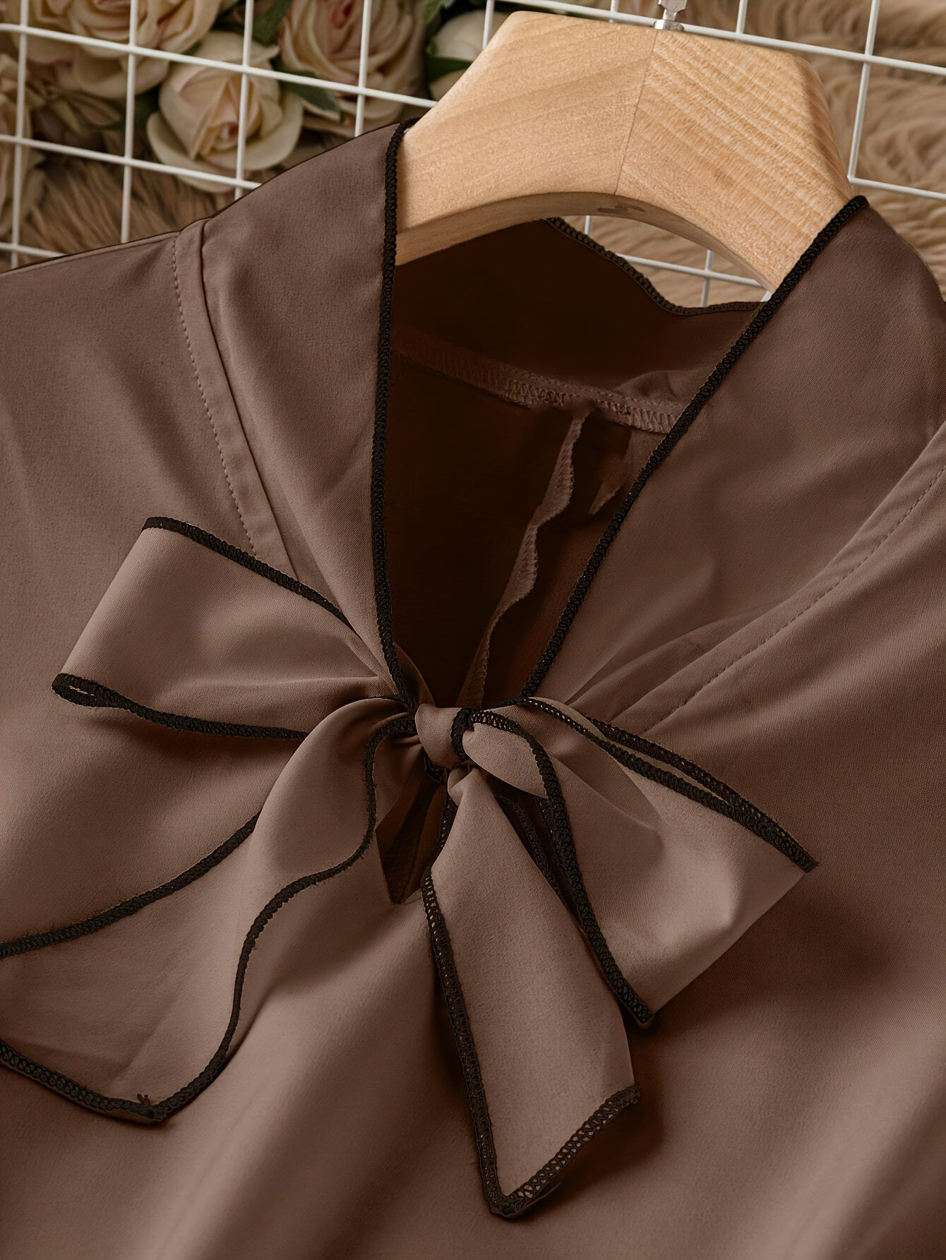 Plus Size Elegant High Neck Blouse with Contrast Binding Solid Woven Polyester Spandex