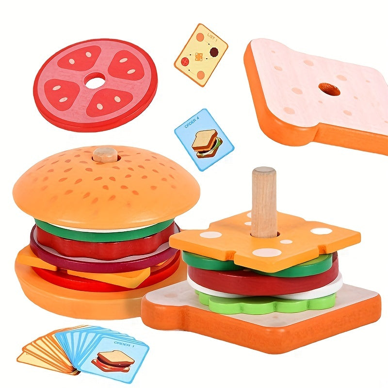 Kids Wooden Pretend Food Set for Kids Kitchen Play with Sandwich and Hamburger Toys