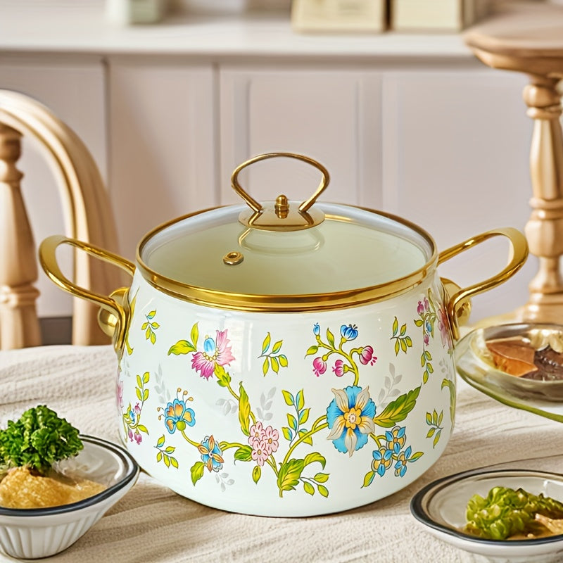 French Floral Enamel Stove Pot for Induction Cooktops, Kitchen & Dining