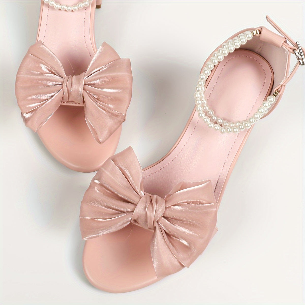 Women's Faux Pearl Low Block Heel Sandals with Bow Ankle Strap