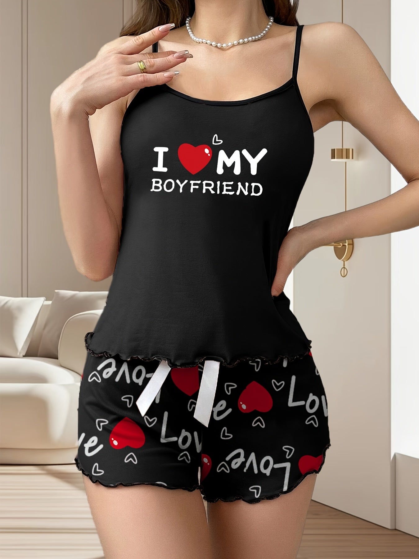 Women's Valentine's Day Black Heart Print Pajama Set with T-Shirt and Shorts Polyester Blend