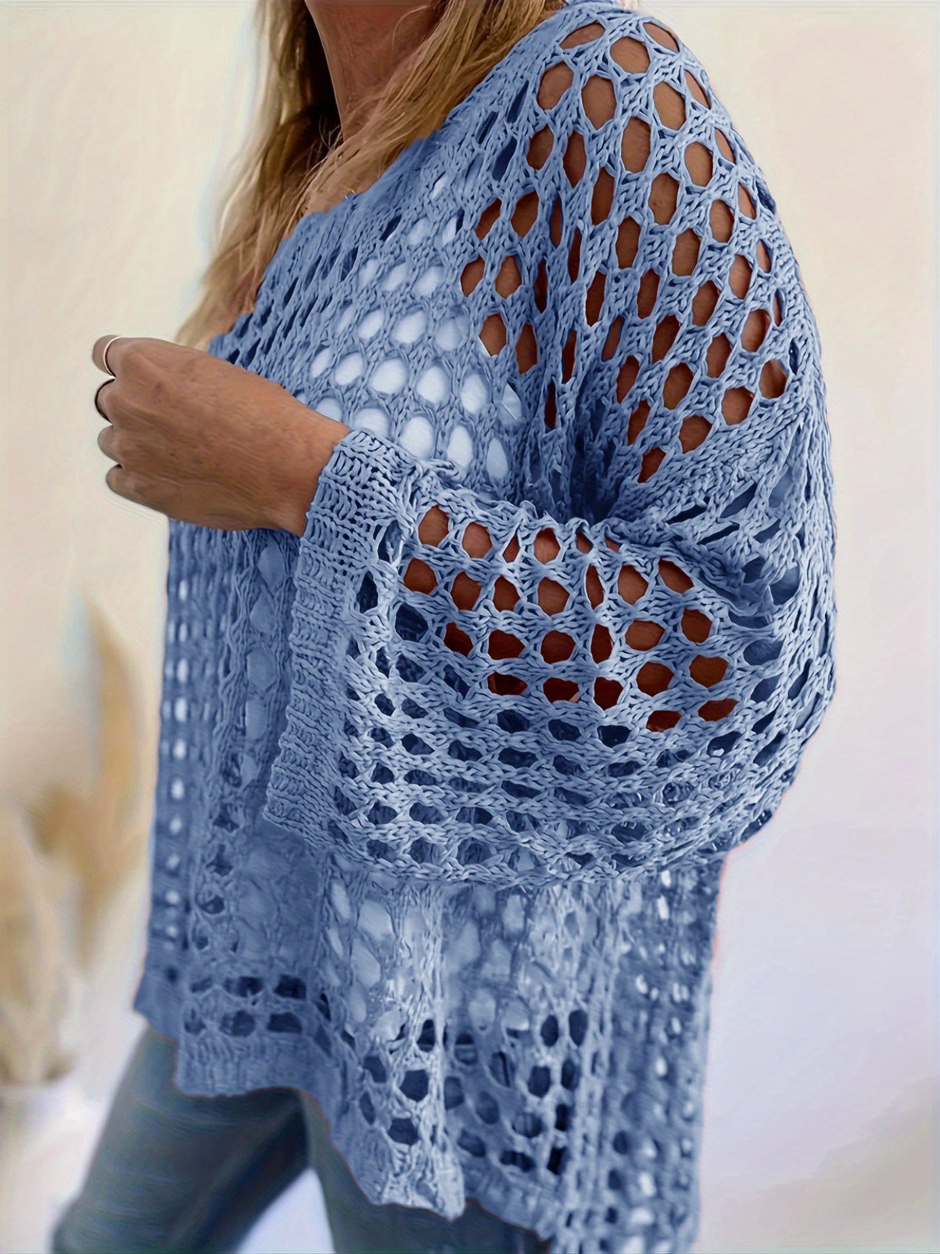 Plus o'lcham ayollar uchun kroşe tığ işi qovg‘a ustki uzun qolli V-shakl bo'yinli yashil