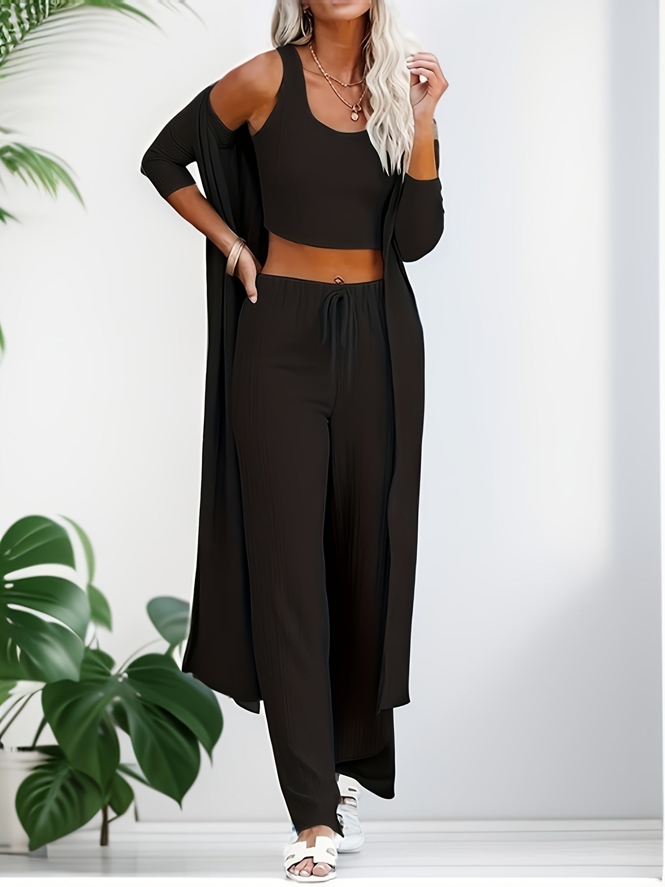 Women's Long Sleeve Solid Color Knit Pajama Set with Faux Drawstring for All Seasons