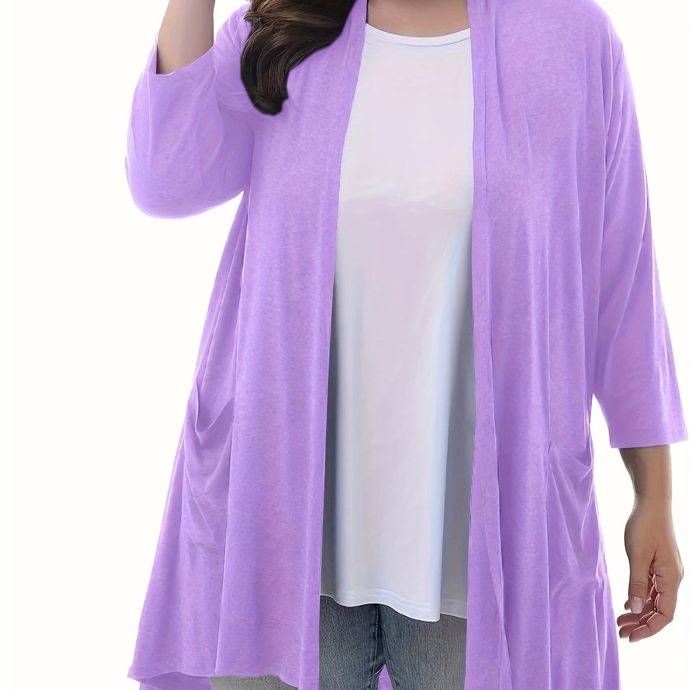 Plus Size Women's Open Front Cardigans Long Sleeve Solid Color Spring Fall