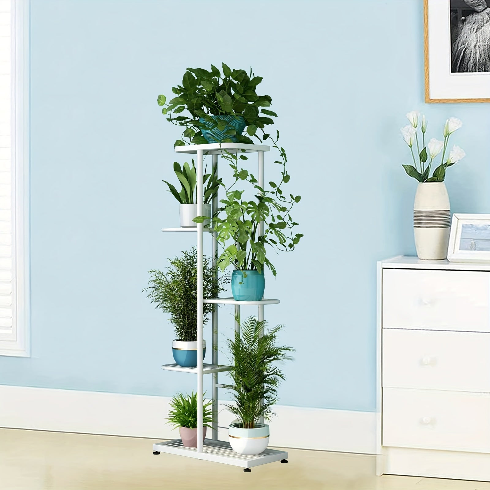 Metal 5-Tier Plant Stand with 6 Pots Indoor Outdoor Display Shelf for Patio Garden Balcony Living Room