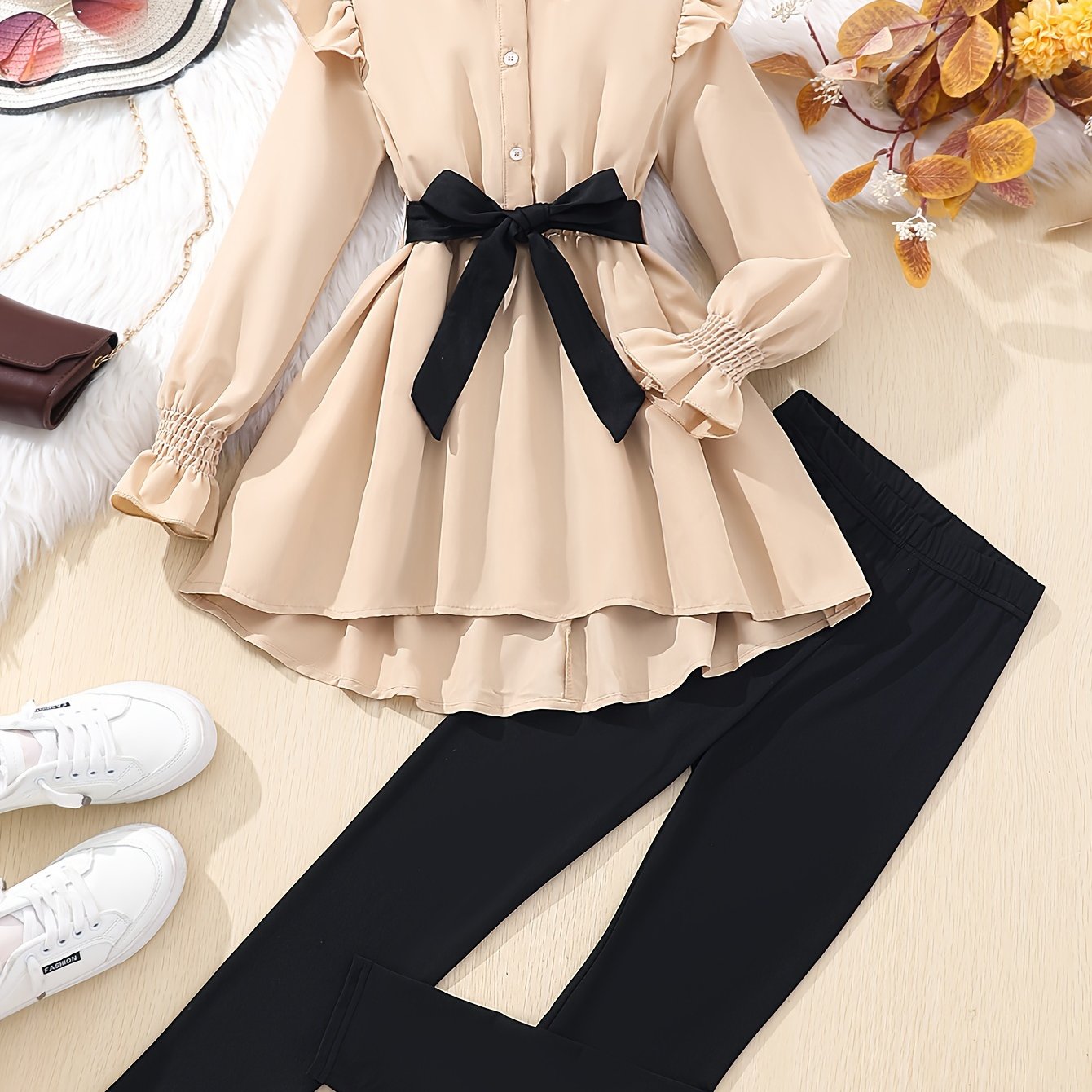 Girls Large Size Fall Winter Two-Piece Set Polyester Solid Color Outdoor Activities