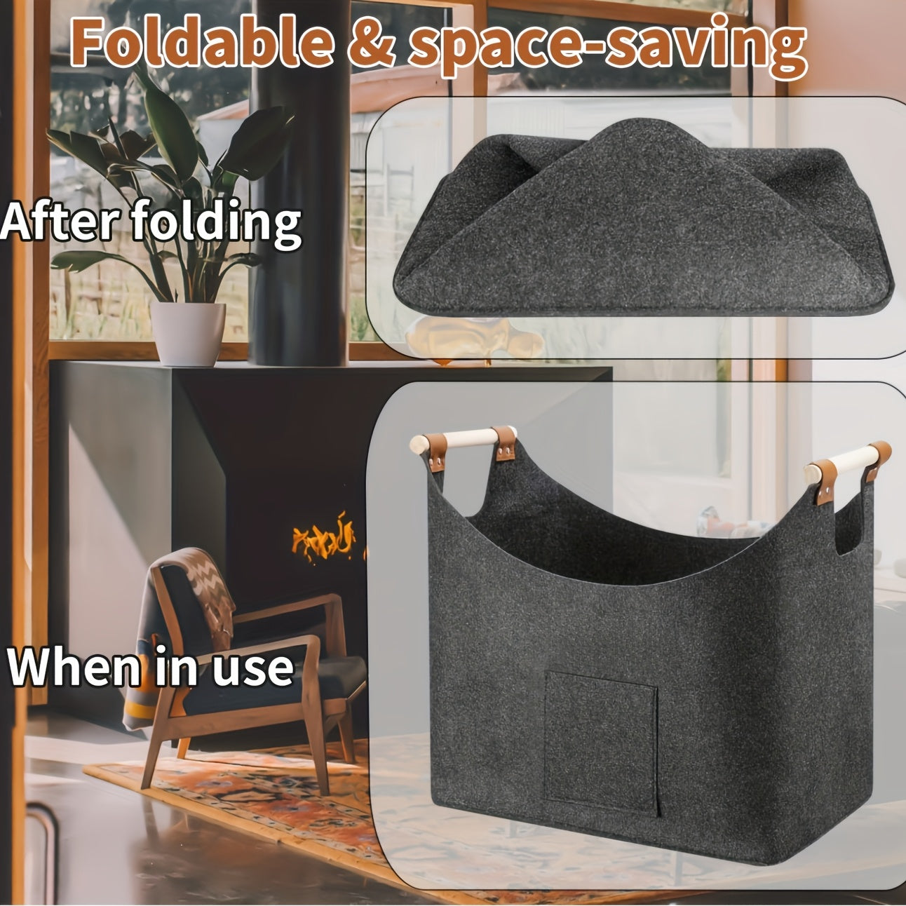 Wood Basket XXL Firewood Basket with Handles Dark Gray 55L Foldable