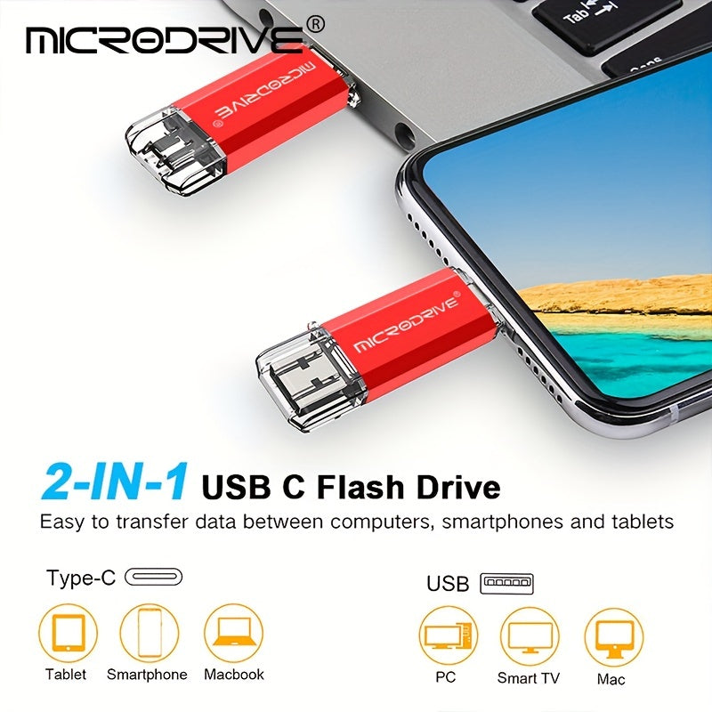 32GB, 64GB va 128GB o'lchamlarida mavjud bo'lgan yuqori tezlikdagi USB Type-C Microdrive.