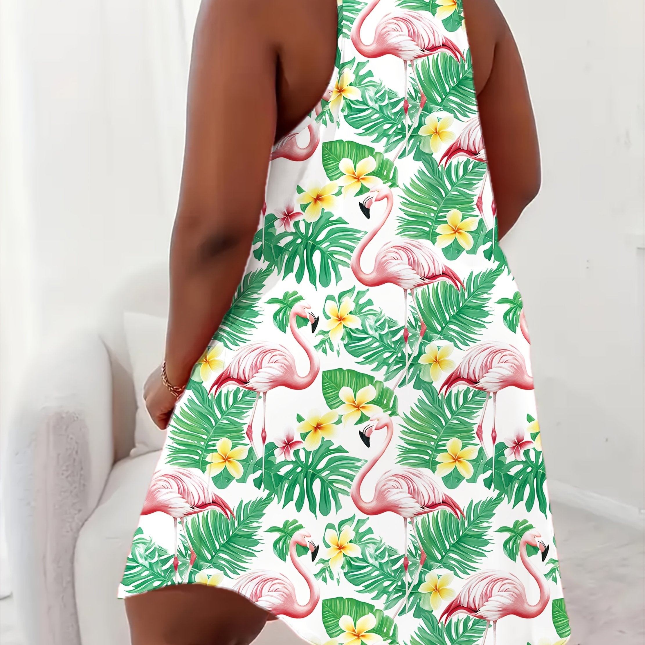 Plus Size Women's Tropical Flamingo Print Sleep Dress Off-Shoulder Soft Stretchy Fabric