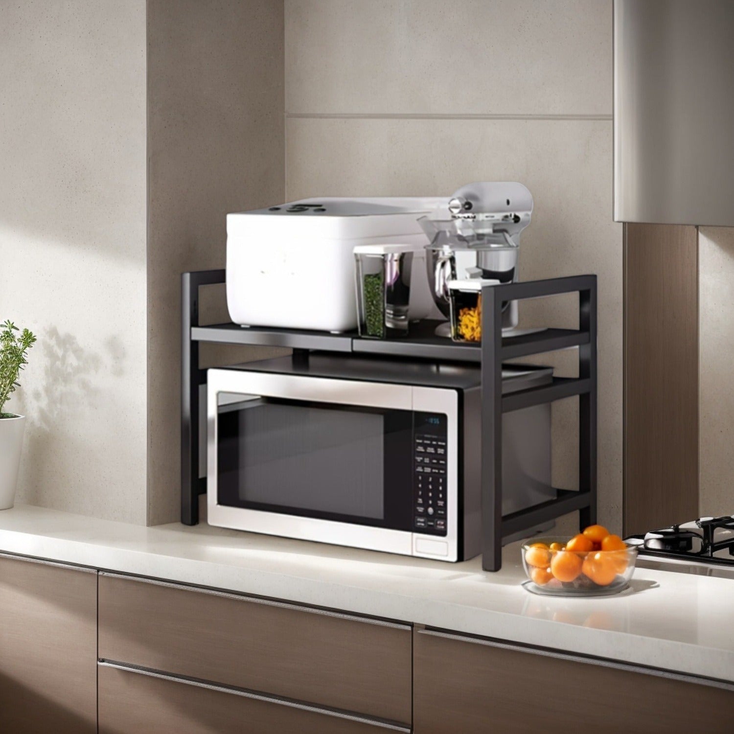 Compact black countertop microwave stand with two tiers, 6 hooks, durable metal