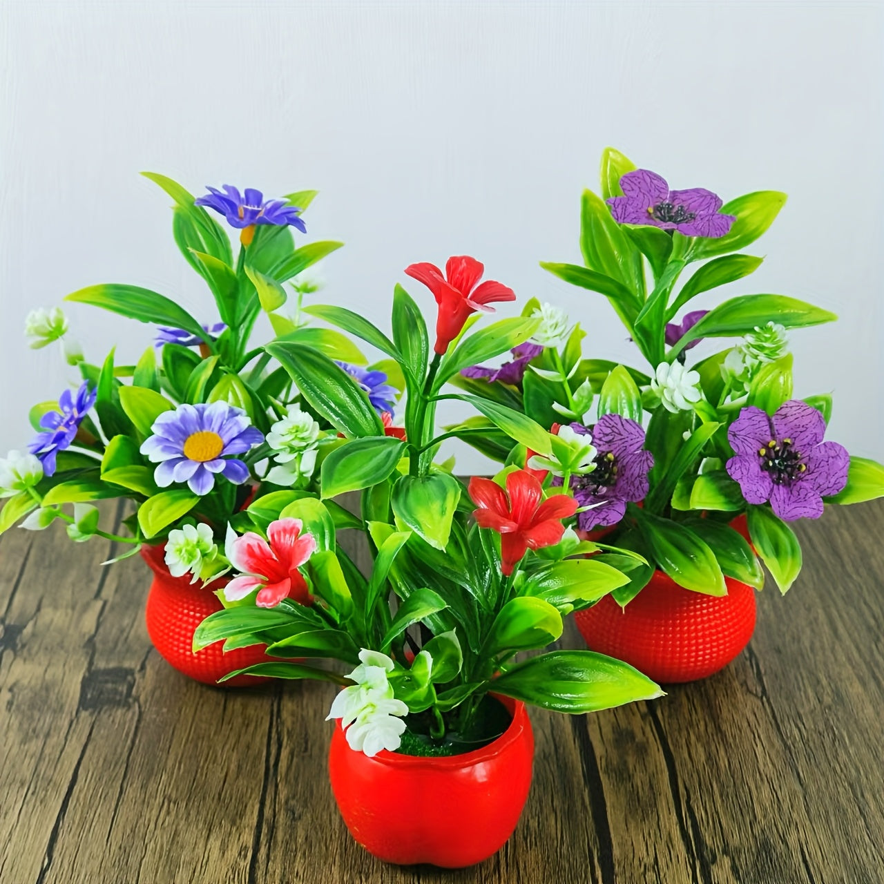 Mini Artificial Plants in Red Pots Set of 3 for Home Office Decor