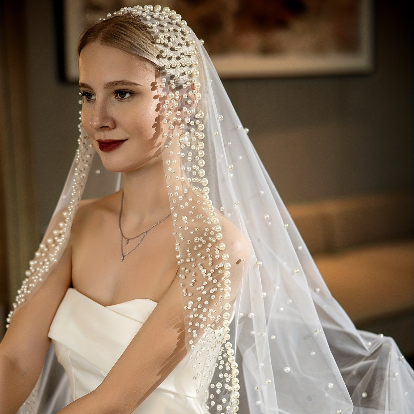 Princess Cathedral Wedding Veil with Faux Pearl Bridal Head Jewelry