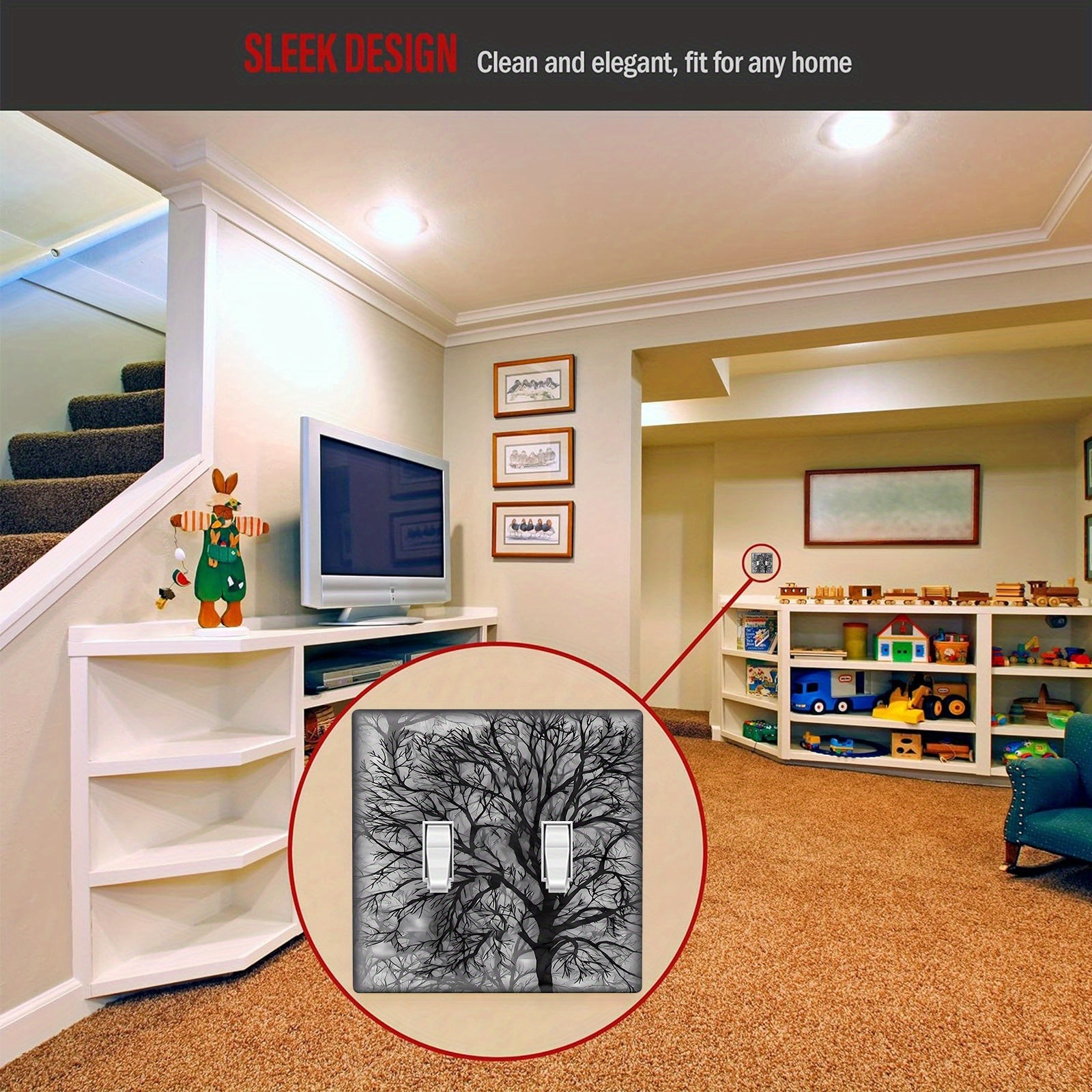 Cubierta de placa de interruptor con diseño de árbol en negro y gris para placa de pared de 1 o 2 gang