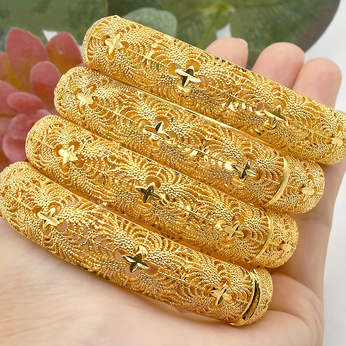 Set of 4 Gold Tone Bangle Bracelets for Weddings and Parties