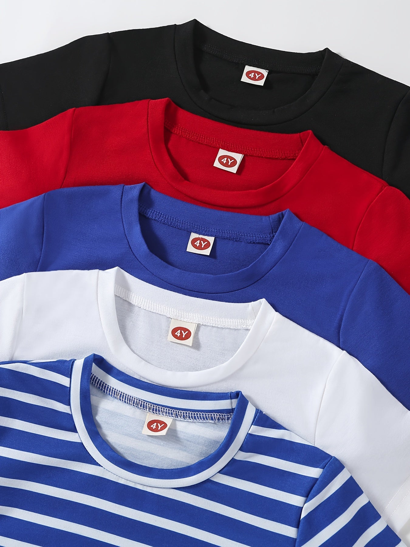 Pack de 5 camisetas de verano para niños, de manga corta, con rayas y colores sólidos, con cuello redondo, para niños y niñas
