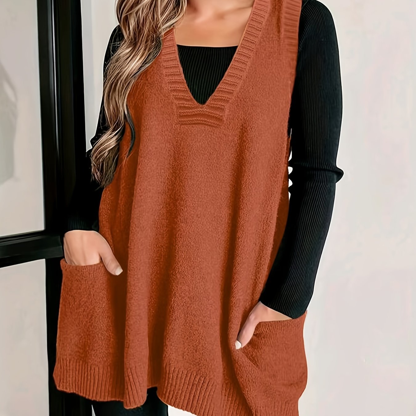Plus Size Women Sweater Vest Casual V-Neck Sleeveless Pockets Clothing