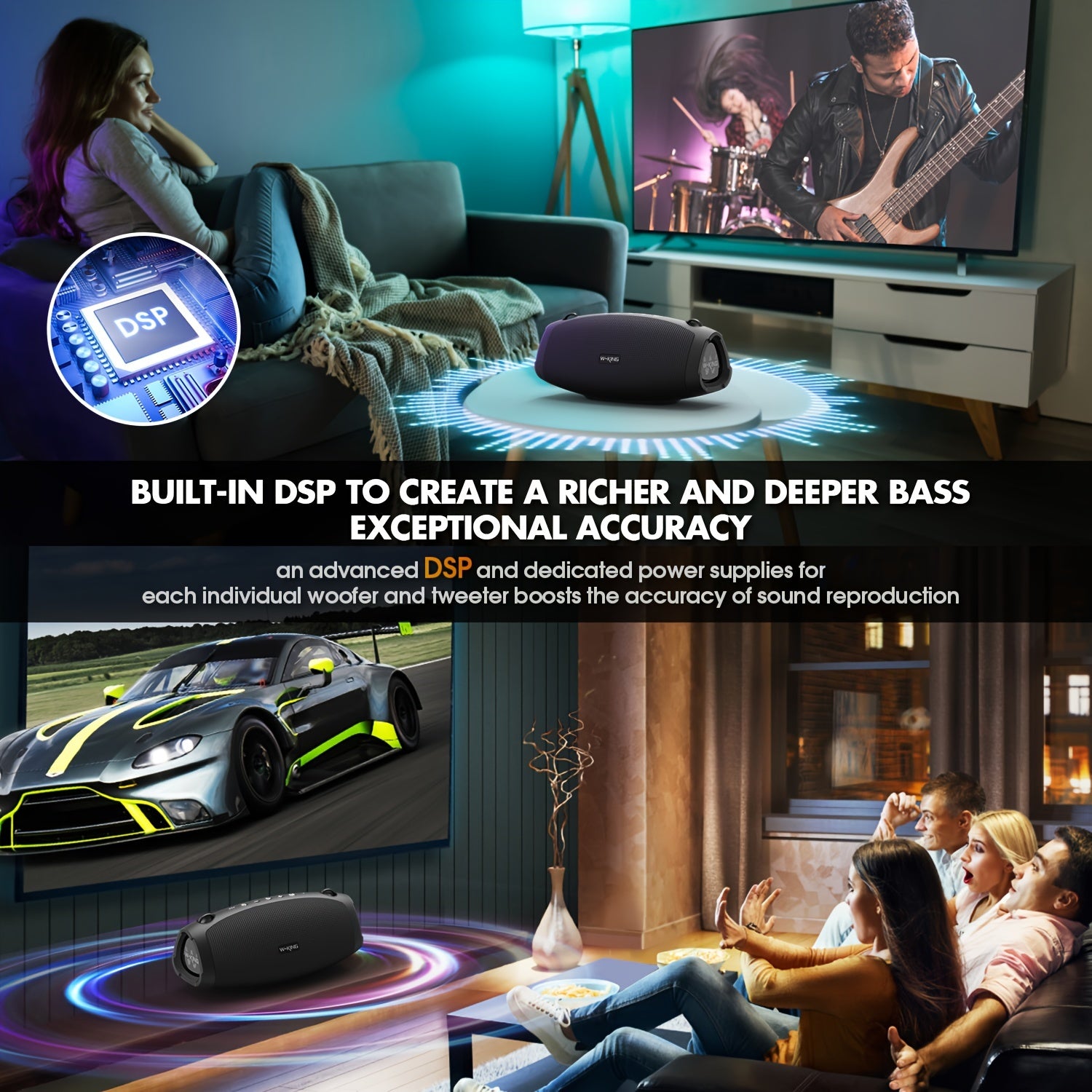 W-KING portativ simsiz dinamik, 90W cho'qqi quvvat, stereo ovoz, ikki tomonlama EQ, bass kuchaytirish, USB zaryadlash, 4-dinamik tizim, tugma boshqaruvi, TF karta sloti, AUX-IN, tashqi foydalanish uchun olib tashlanadigan tasma.