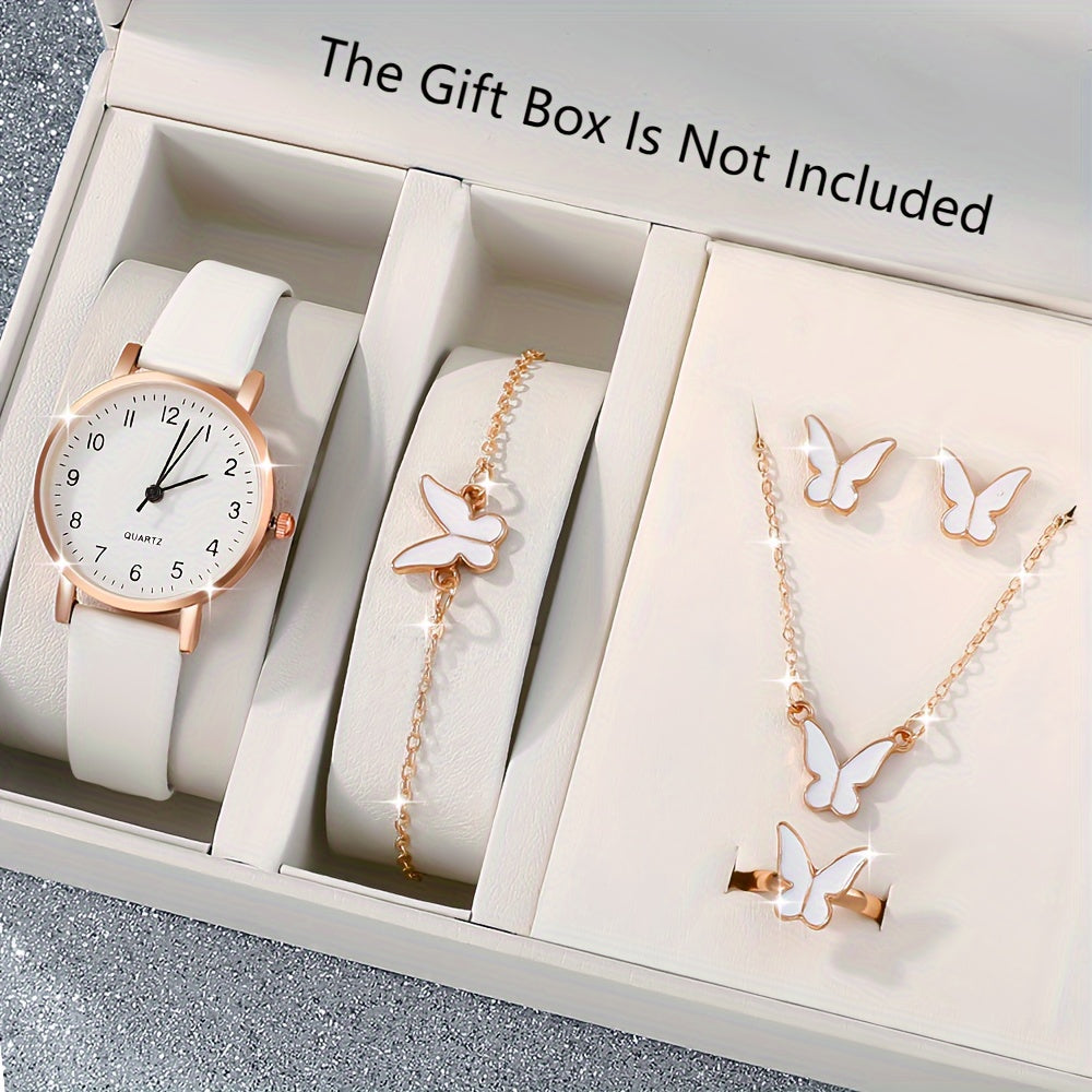 Women’s 6-Piece Quartz Watch and Jewelry Set with Leather Strap and Alloy Case