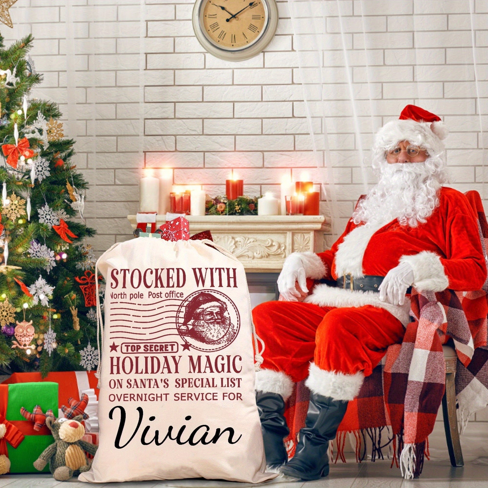 Customized Christmas Santa Sack with Name Oversized Canvas Gift Bag with Drawstring Closure