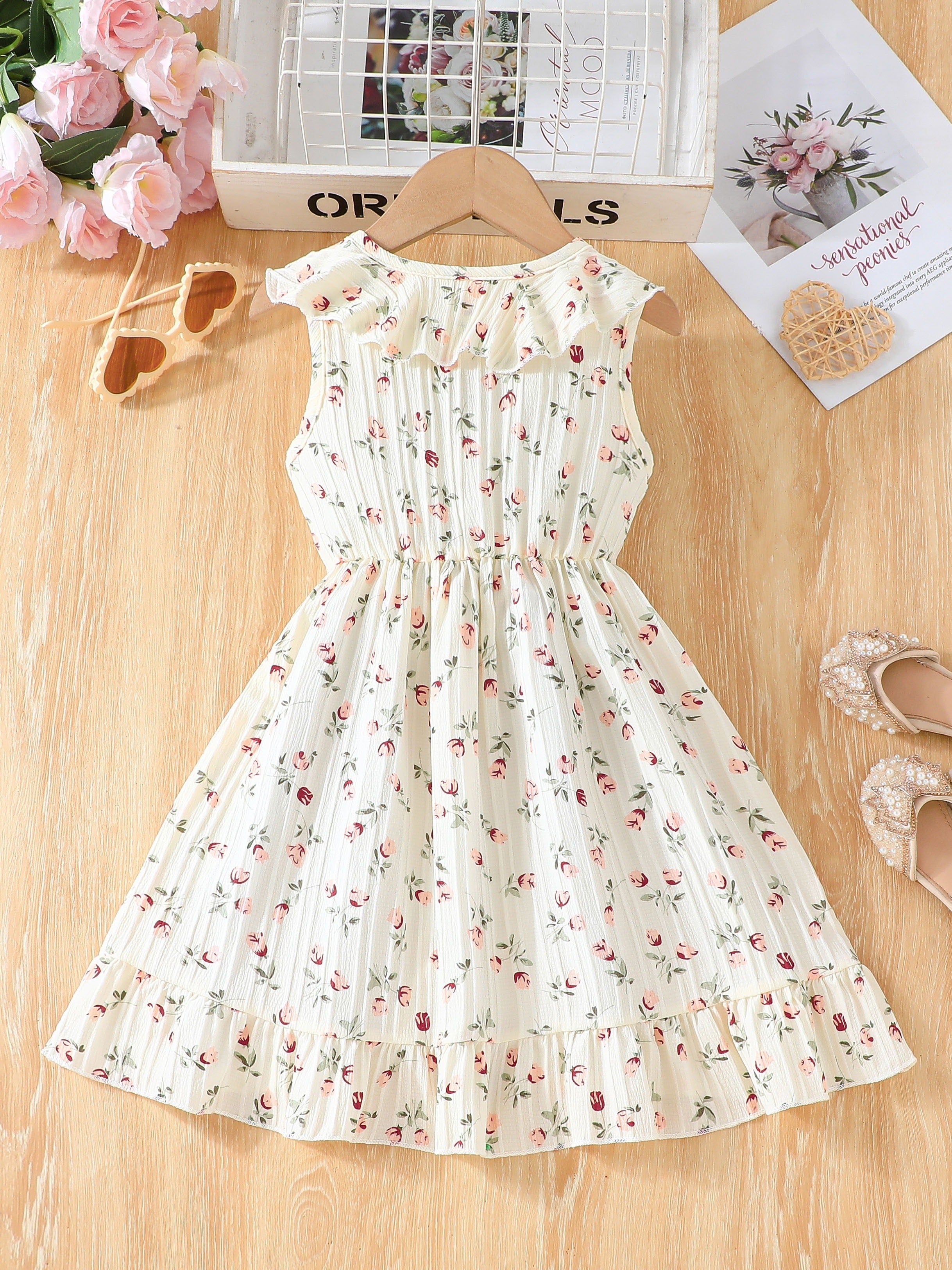 Girls' Summer Floral Sleeveless Dress with Belt for Parties and Beach Outings