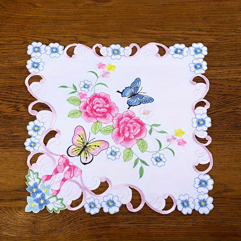 Lace Embroidered Tablecloth with Flower and Butterfly Design for Dining and Bedside Decor