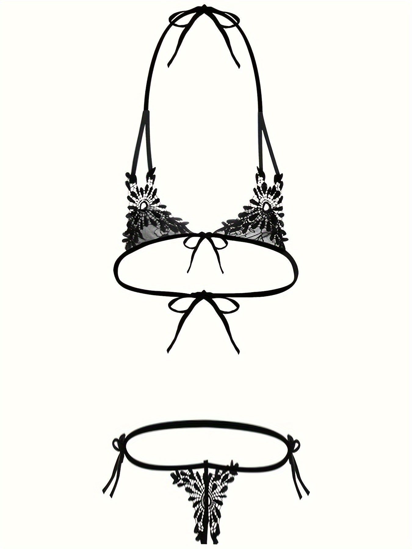 Women's Black Lace Lingerie Set with Backless Strappy Halterneck Bra and Thong