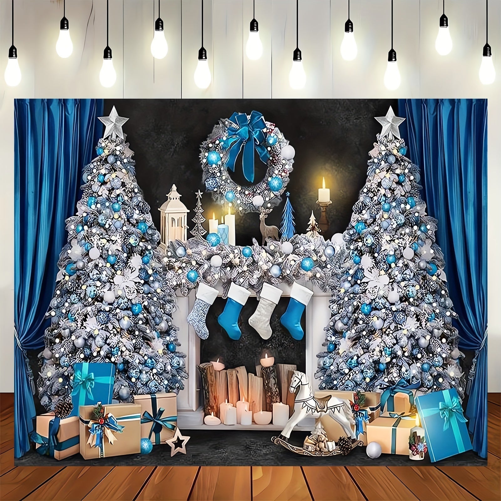 Blue and White Christmas Mantelpiece Scene with Presents and Tree for Holiday Decor
