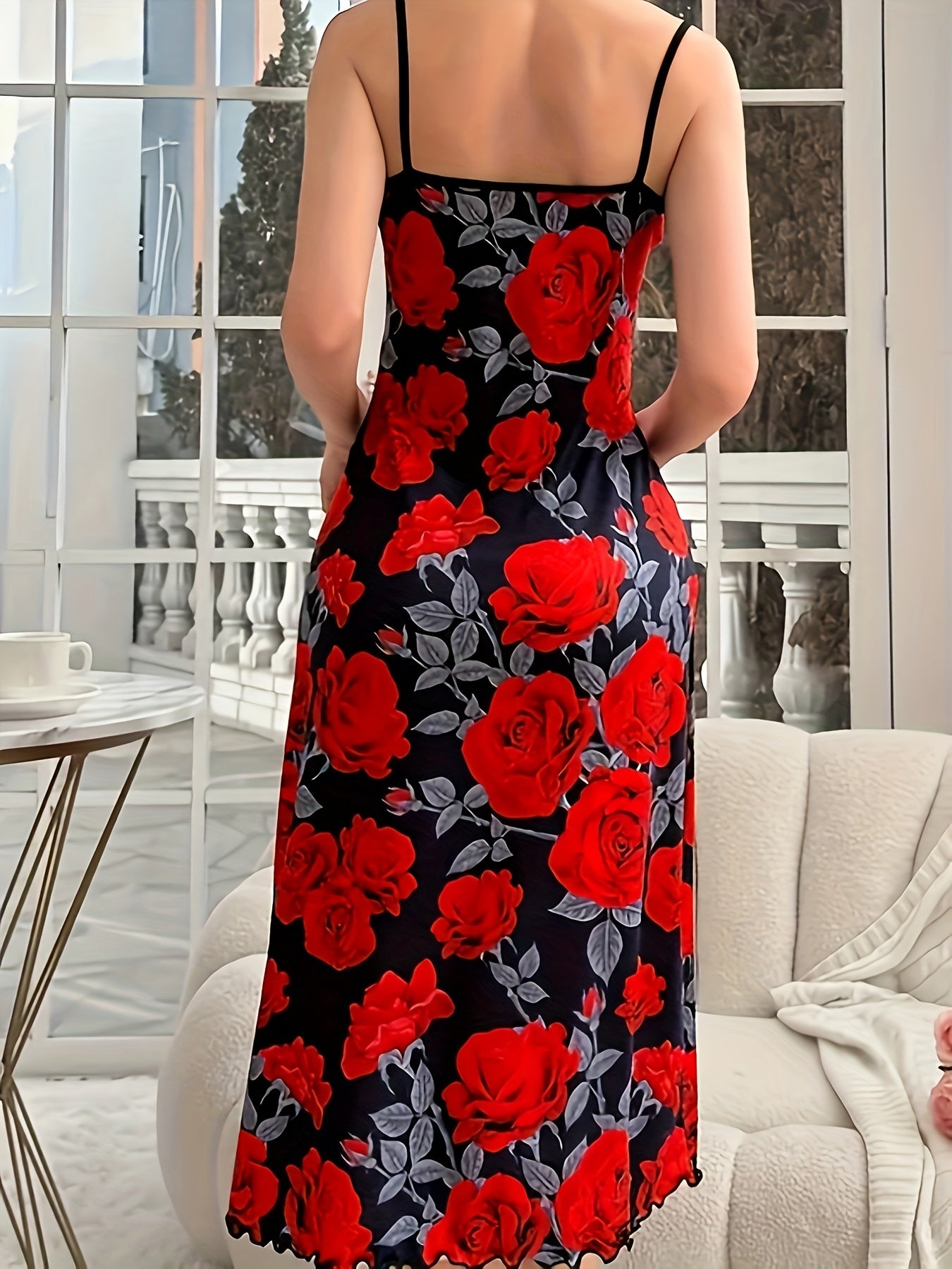 Plus Size Women’s Rose Print Sleep Dress Round Neck Nightgown