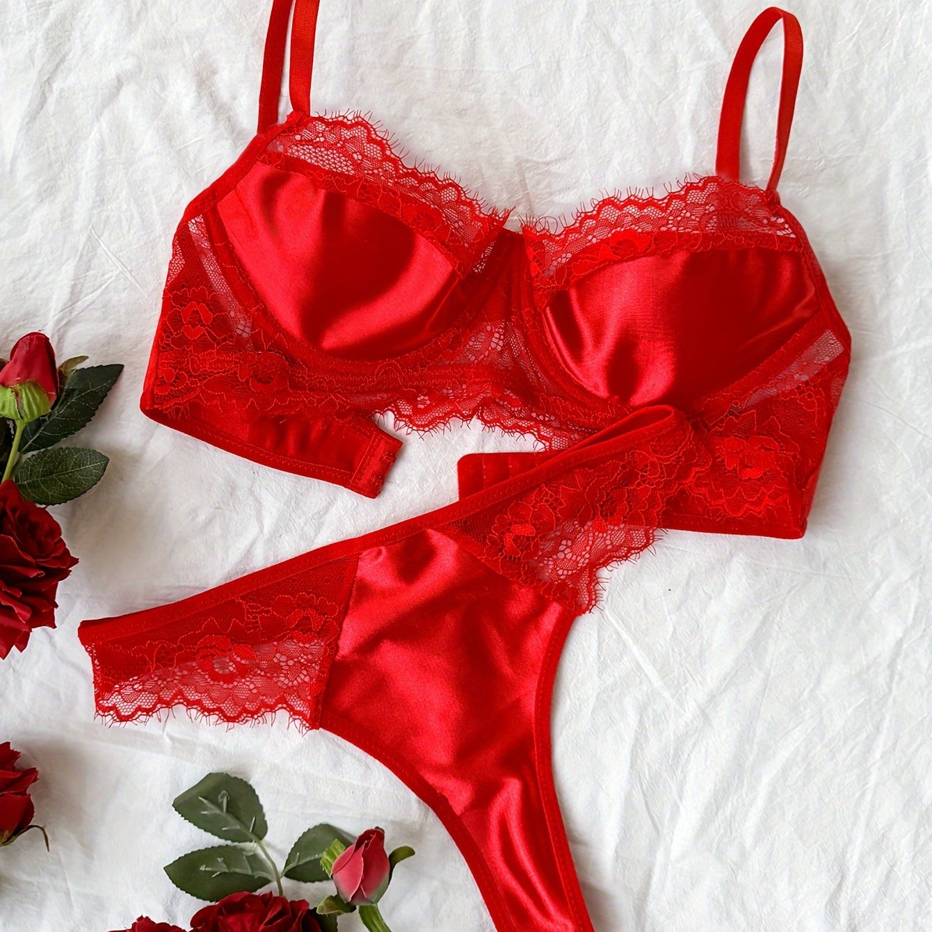 Women's Lace Satin Longline Underwire Bra and Thong Set for Valentine's Day