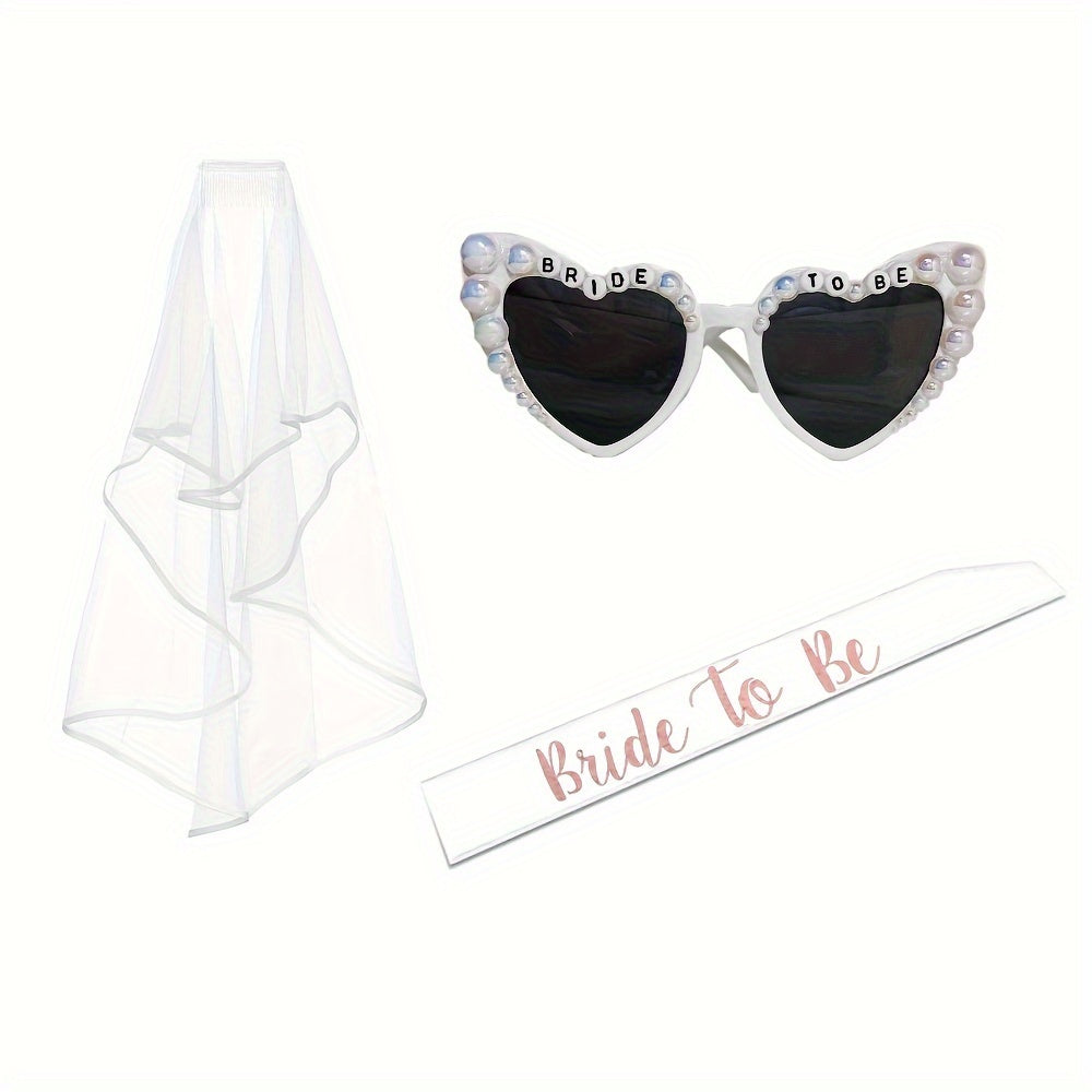 Set of 3 Bridal Bachelorette Party Glasses Sash and Veil Wedding Decorations