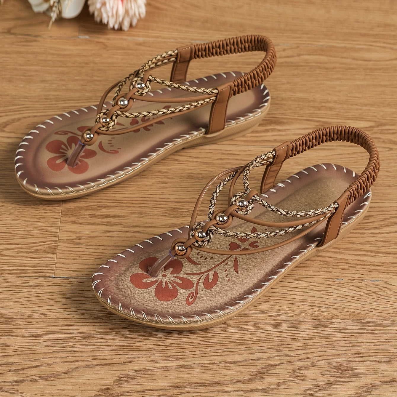Women's Boho Flat Sandals Rhinestone Floral Open Toe Strappy Summer Brown