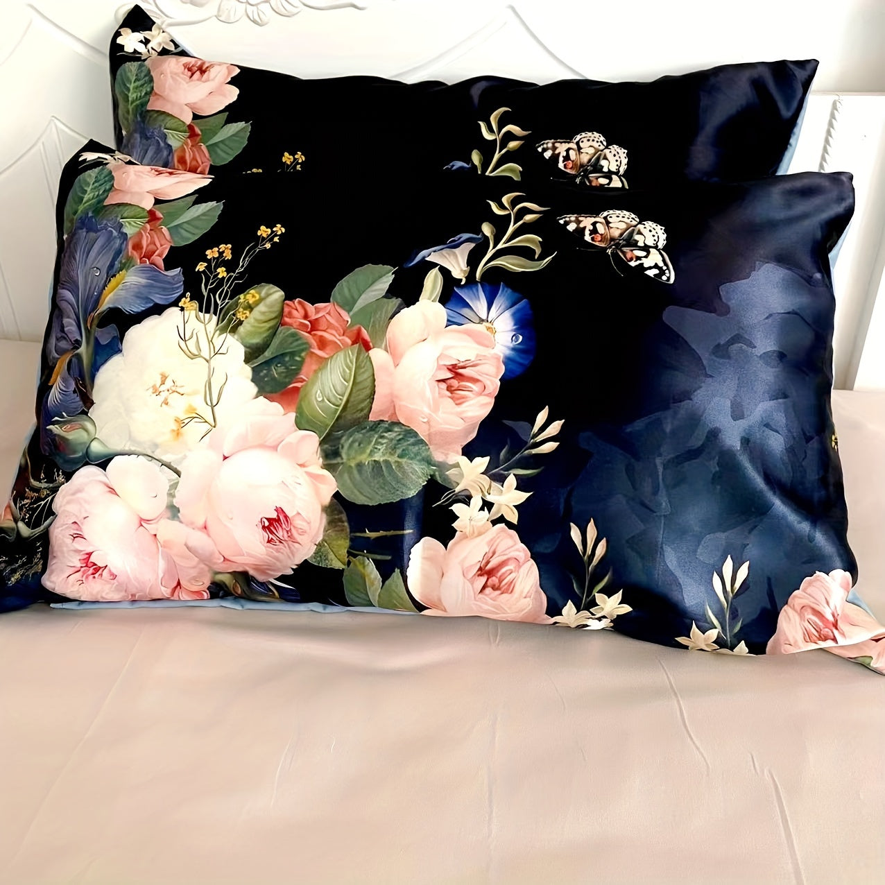 Set of 2 Satin Pillowcases with Floral Bird Patterns Reversible Envelope Closure