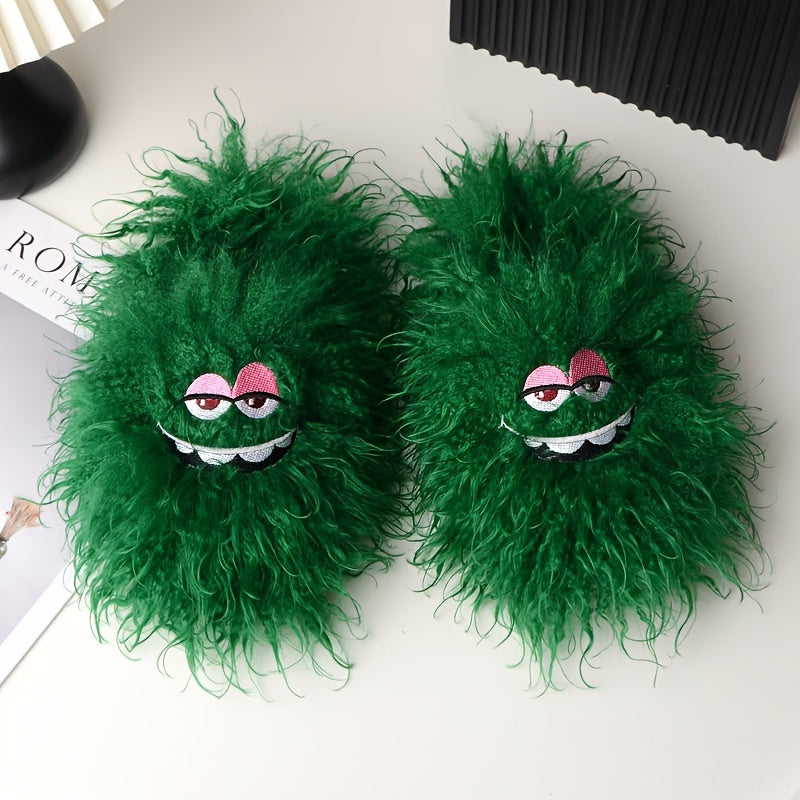 Women's Furry Slides Funny Face Cozy Slippers for Winter