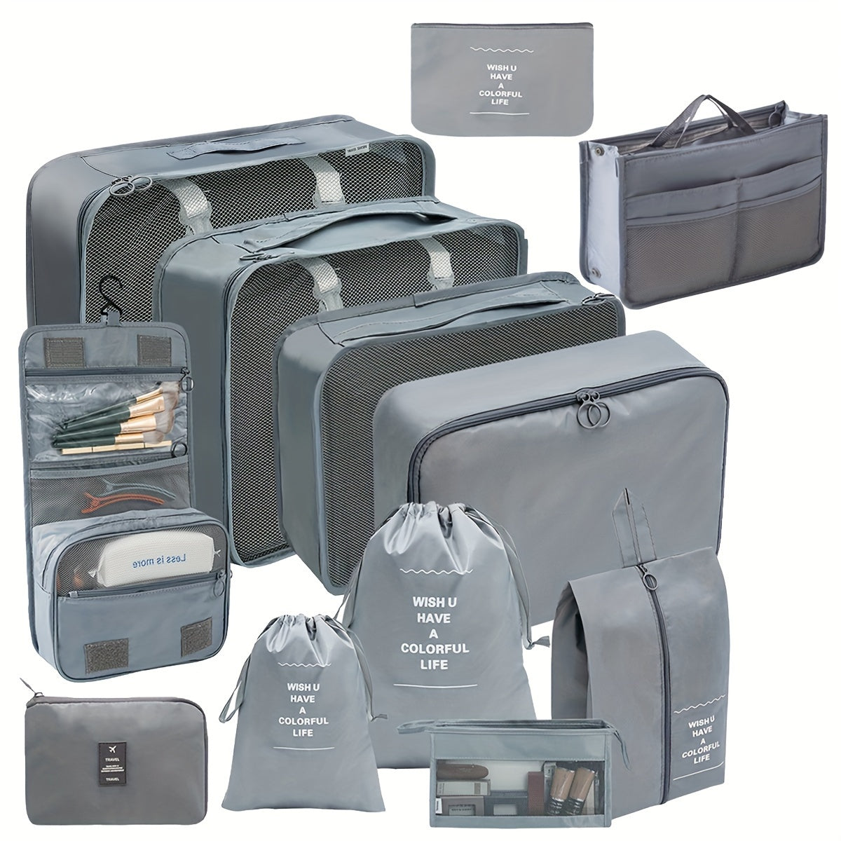 12-Piece Minimalist Travel Organizer Set Plastic Packing Cubes Toiletry Bag Shoe Storage