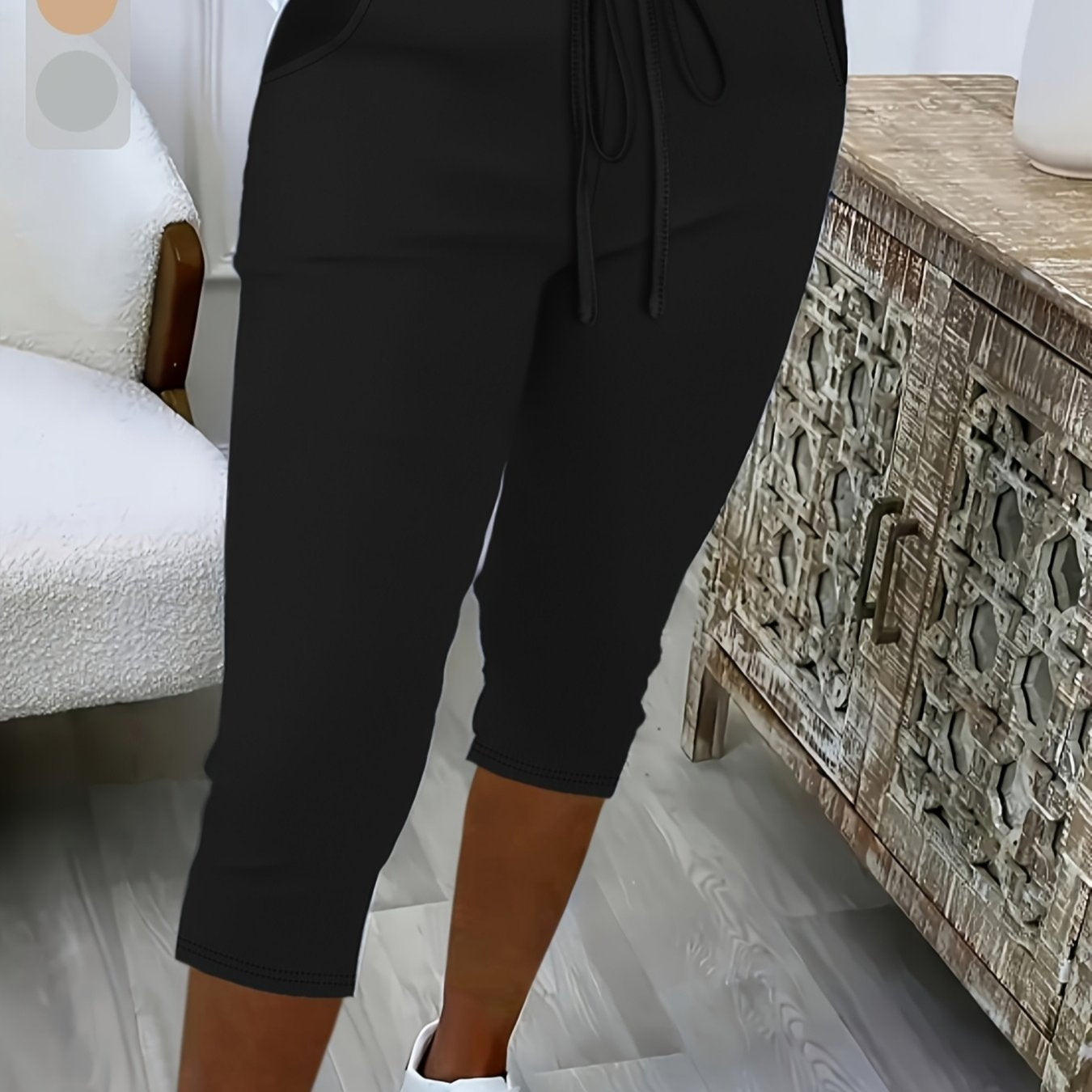 Pantalones capri de talla grande para mujer con cintura elástica y cordón, pantalones de descanso de color sólido