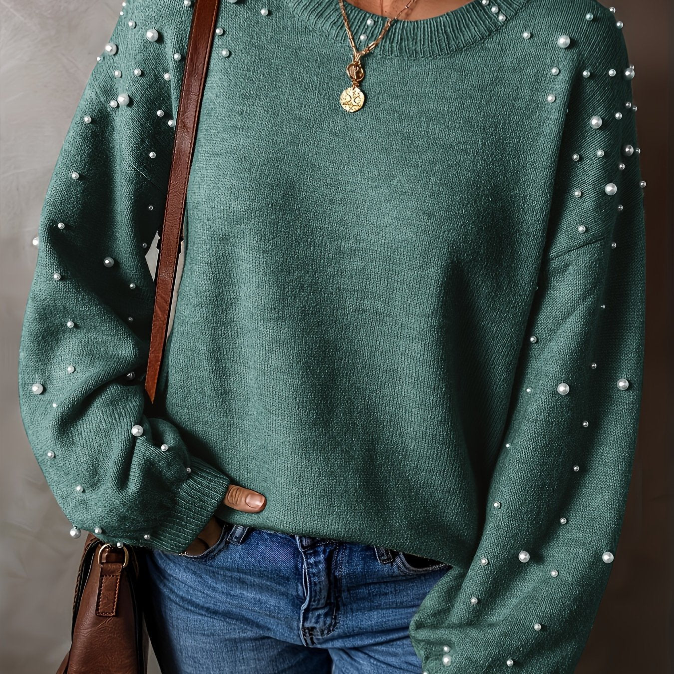 Suéter de punto para mujer talla plus, otoño e invierno, cuello redondo, decoración de perlas