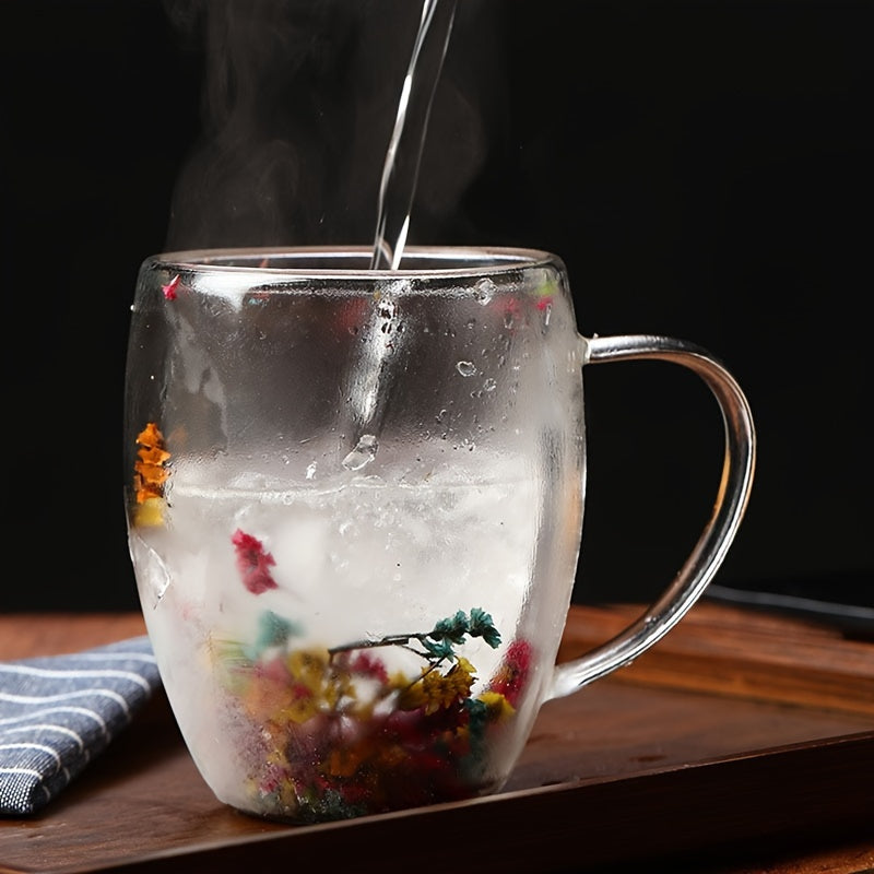 Double Layer Glass Mug with Real Flowers and Flowing Sand for Hot Drinks and Beverages