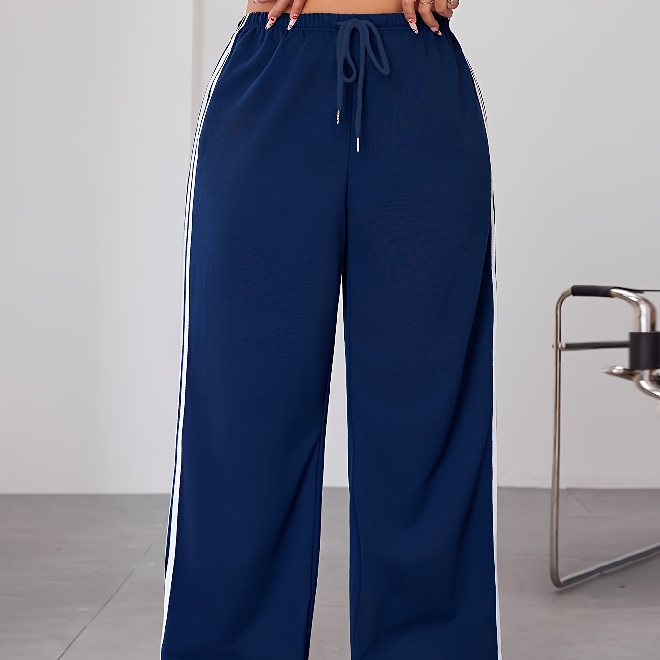 Plus Size Wide Leg Pants with Side Stripes Casual Joggers Stretchy All-Season