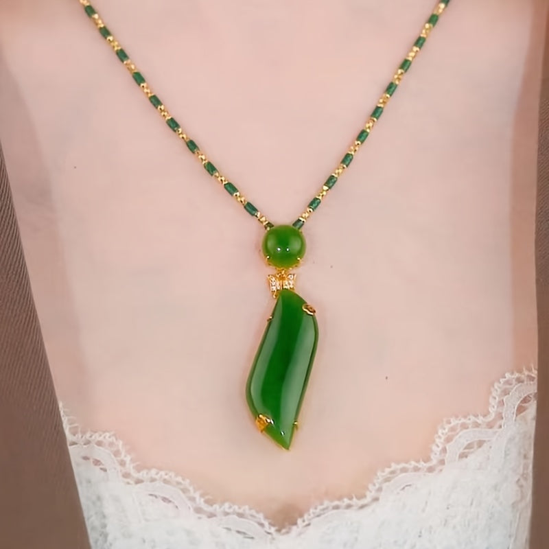 Women's Imitation Jade Emerald Necklace with Gold-Tone Bamboo Pendant